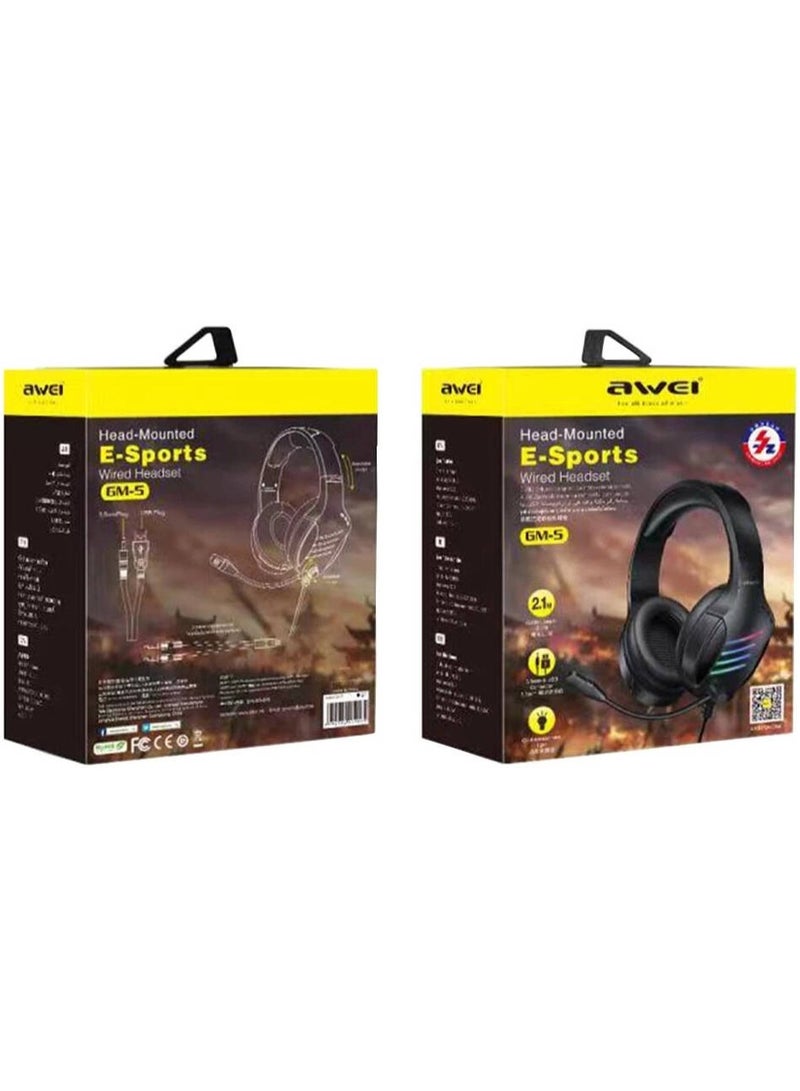 أوي Awei سماعة ألعاب Awei. GM-5 سلكية فوق الأذن مزودة بميكروفون وإضاءة LED، مناسبة لألعاب الكمبيوتر. - Image 3